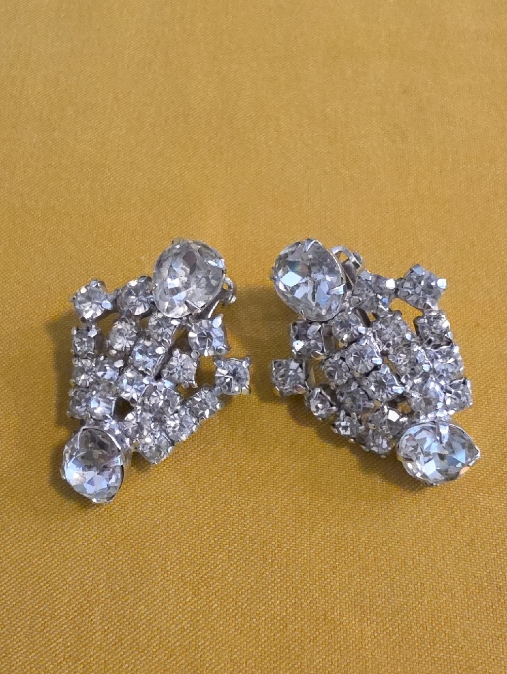 Vintage Silver-Tone Rhinestone Clip-Ons w/ a Layered Geometric Shield Design